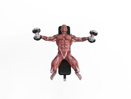 3D illustration of a muscle man posing and exercising with dumbbell for bodybuildingの写真素材