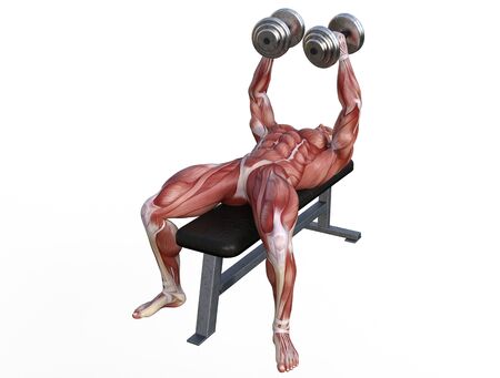 3D illustration of a muscle man posing and exercising with dumbbell for bodybuildingの写真素材