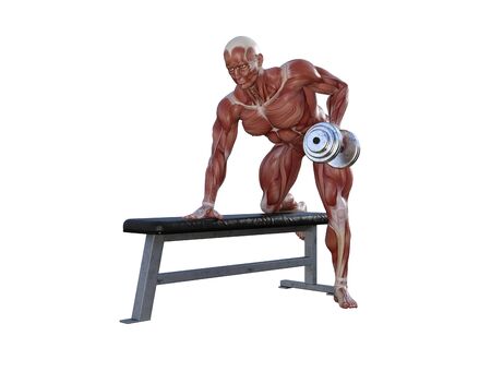 3D illustration of a muscle man posing and exercising with dumbbell for bodybuildingの写真素材