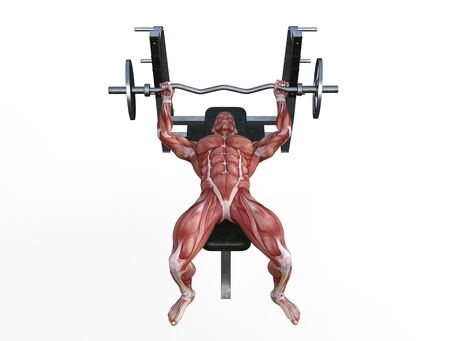 3D illustration of a muscle man posing and exercising with barbell for bodybuildingの写真素材