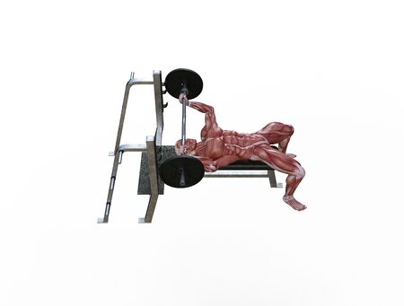 3D illustration of a muscle man posing and exercising with barbell for bodybuildingの写真素材