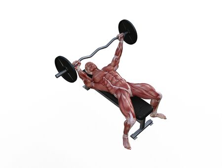 3D illustration of a muscle man posing and exercising with barbell for bodybuildingの写真素材