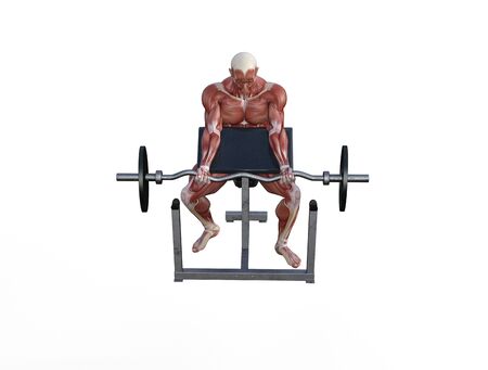 3D illustration of a muscle man posing and exercising with barbell for bodybuildingの写真素材