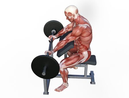 3D illustration of a muscle man posing and exercising with barbell for bodybuildingの写真素材
