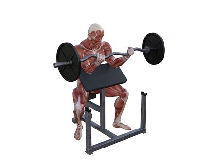 3D illustration of a muscle man posing and exercising with barbell for bodybuildingの写真素材