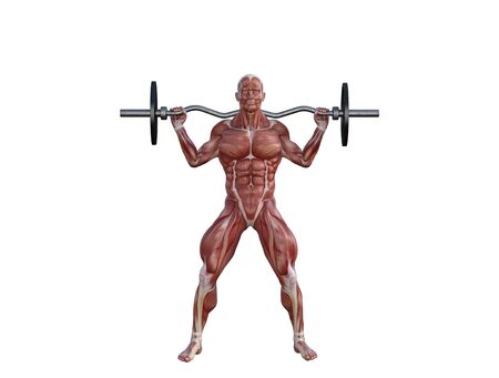 3D illustration of a muscle man posing and exercising with barbell for bodybuildingの写真素材