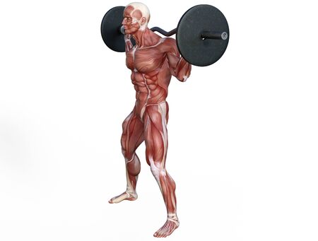 3D illustration of a muscle man posing and exercising with barbell for bodybuildingの写真素材