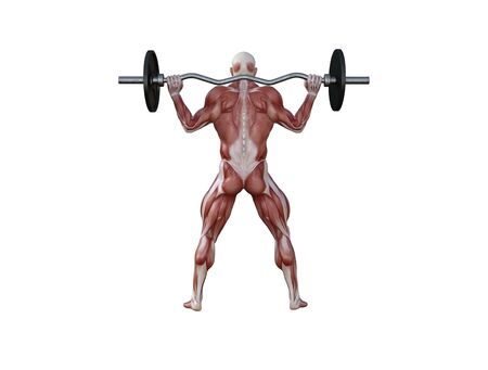 3D illustration of a muscle man posing and exercising with barbell for bodybuildingの写真素材