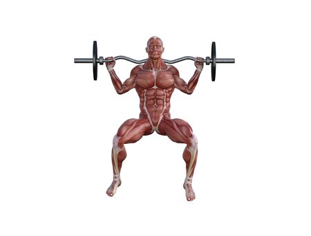 3D illustration of a muscle man posing and exercising with barbell for bodybuildingの写真素材