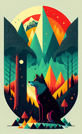 Vector illustration of a wolf in the forest. Can be used as a poster or print.の写真素材