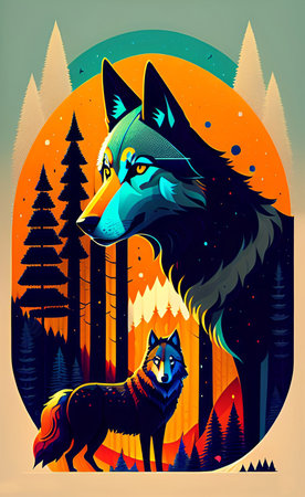 Vector illustration of a wolf and a wolf in the forest. Illustration of a wolf and a wolf in the forest.の写真素材