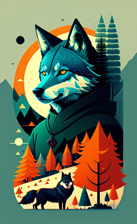 Vector illustration of a wolf in the forest with a full moon.の写真素材