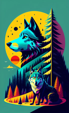 Vector illustration of wolf on the background of the moon and forest.の写真素材