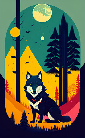 Wolf in the forest at night. Vector illustration for your design.の写真素材