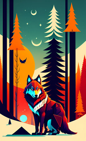 Vector illustration of a wolf in the forest at night. Vector illustration.の写真素材