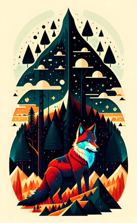Vector illustration of a fox in the forest. Illustration in retro style.の写真素材