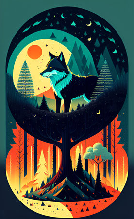 Vector illustration of a wolf in the forest with a moon and trees.の写真素材