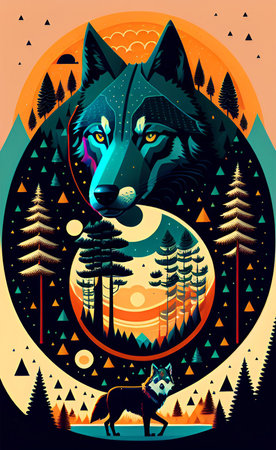 Vector illustration of a wolf in the forest in the moonlight.の写真素材