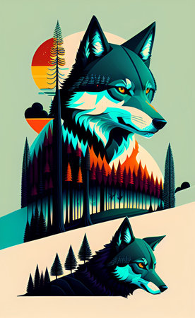 Vector illustration of a wolf on a background of the night forest.の写真素材