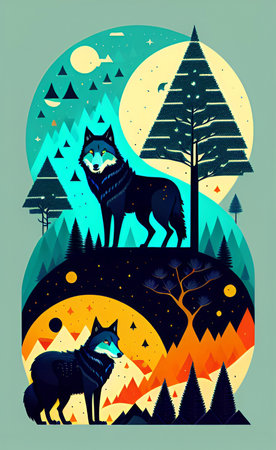 Vector illustration of a wolf on the background of the forest and mountains