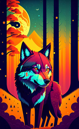 Vector illustration of a wolf on the background of the night forest.の写真素材