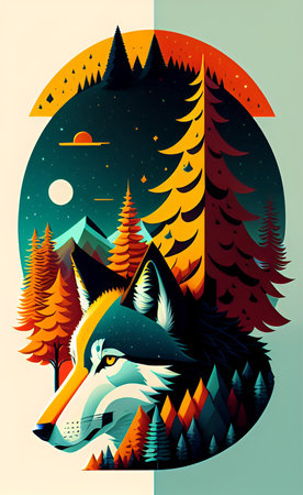 Vector illustration of a wolf in the forest with a full moon.の写真素材
