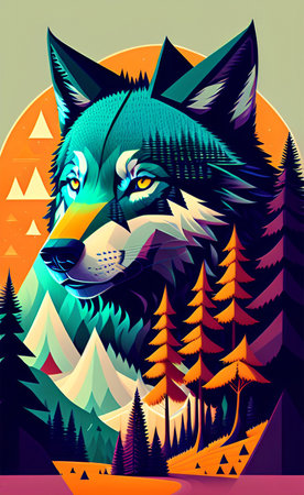 Vector illustration of a wolf in the forest. Can be used as a poster or print on t-shirts.の写真素材