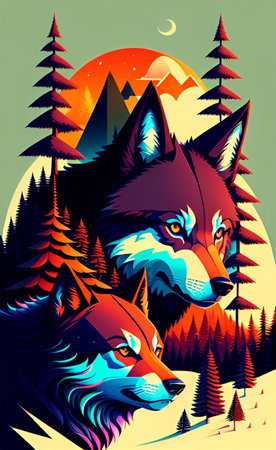 Two wolfs in the forest at full moon night. Vector illustration.の写真素材