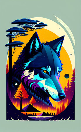 Vector illustration of a wolf in the forest with a full moon.の写真素材