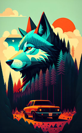 Vector illustration of a wolf in the forest with a retro car.の写真素材