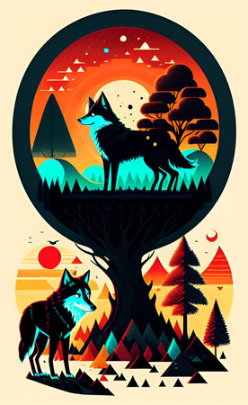 Vector illustration of a forest and a fox in the form of a planet.の写真素材