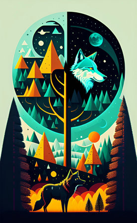 Vector illustration of a wolf and a forest in the moonlight.の写真素材