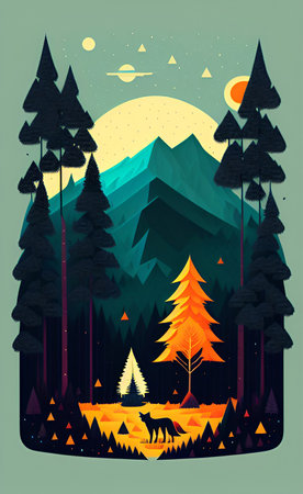 Mountain landscape with coniferous forest. Vector illustration in retro style.の写真素材
