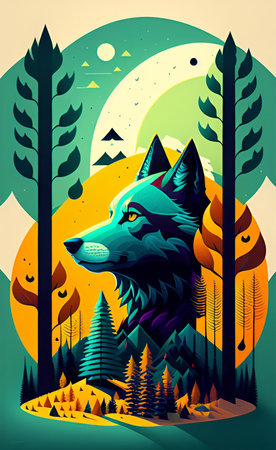 Vector illustration of a wolf on the background of the night forest.の写真素材