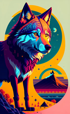 Vector illustration of a wolf on a background of the moon and stars.の写真素材