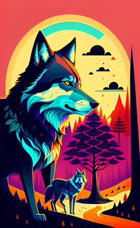 Vector illustration of a wolf on the background of the night forest.の写真素材