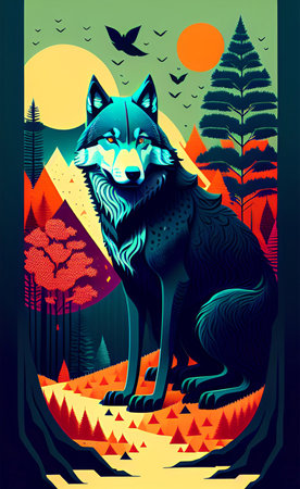 Illustration of wolf in the forest. Vector illustration in retro style.の写真素材