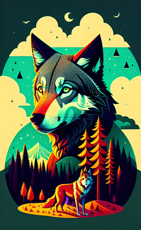 Vector illustration of wild wolf in the night forest. Vector illustration.の写真素材