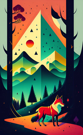 Forest landscape with fox, mountains and trees. Vector illustration in retro styleの写真素材