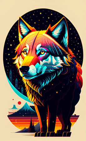 Vector illustration of a wolf head on a background of the moon and stars.の写真素材
