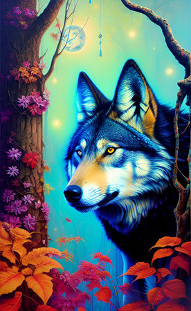 Fantasy illustration of a wolf in the forest with full moon.の写真素材