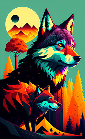 Illustration of a wolf and a fox in the forest. Vector illustration.の写真素材