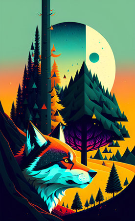 Vector illustration of a fox in the forest with a full moon.の写真素材