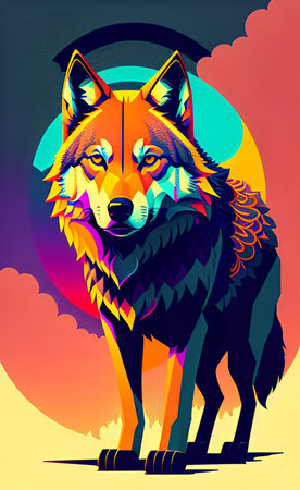 Vector illustration of a wolf on a background of the sun and cloudsの写真素材