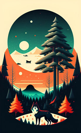 Fantasy landscape with forest, wolf and moon. Vector illustration.の写真素材