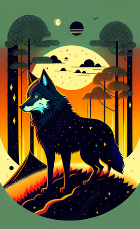 vector illustration of a wolf on the background of the night forest.の写真素材