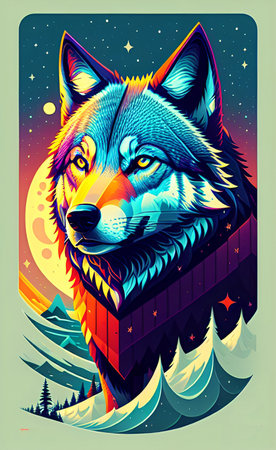 Vector illustration of a wolf in the night sky. Can be used as a print on t-shirts and bags.の写真素材