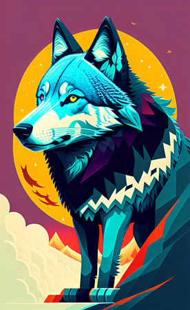 Illustration of a wolf on a background of the moon and starsの写真素材