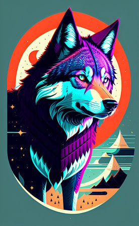 Illustration of a wolf in front of the moon. Vector illustration.の写真素材
