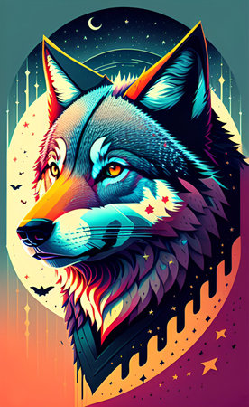Wolf head on the background of the moon and stars. Vector illustration.の写真素材